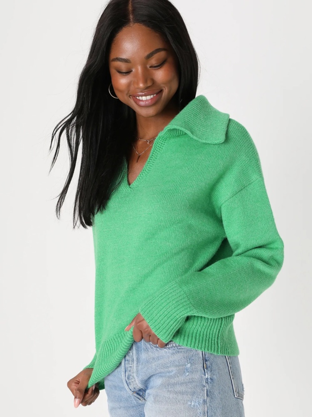 NWT Lulus Saturday Chic Bright Green Collared Pullover Sweater - Size XL